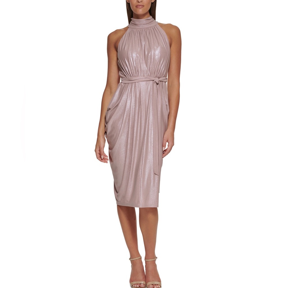 Tommy Hilfiger Women’s Fog Foil-Knit Belted Halter Dress NWT Size 8 Color Rose